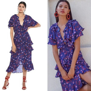 La Maison Talulah The Yearning Ruffle Midi Dress Purple Floral Bohemian Size S